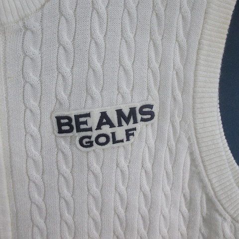 ビームスゴルフ BEAMS GOLF ゴルフウェア ジップアップ ニット ベスト L 白系 ホワイト ロゴ ポケット 綿 コットン レディース_画像6