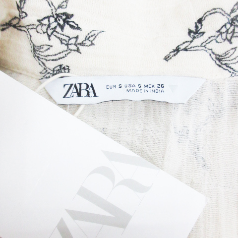 未使用品 ザラ ZARA シャツ ブラウス ショート丈 五分袖 オープンカラー 花柄 S ライトベージュ 黒 ブラック /FF44 レディース_画像5