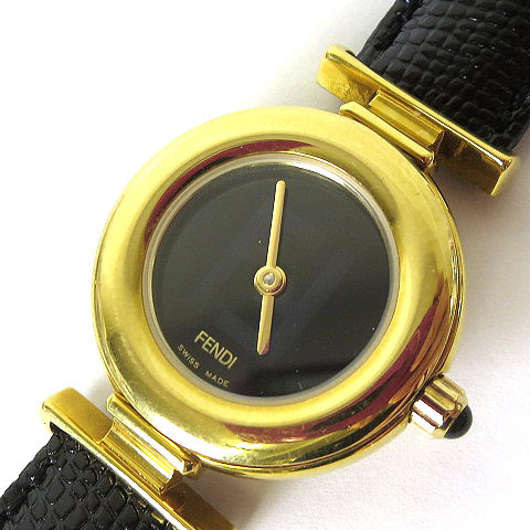 フェンディ FENDI 腕時計 320L FFロゴ リザード型押し 純正レザーベルト ゴールド SS クオーツ 黒文字盤 電池交換 オーバーホール済の画像1