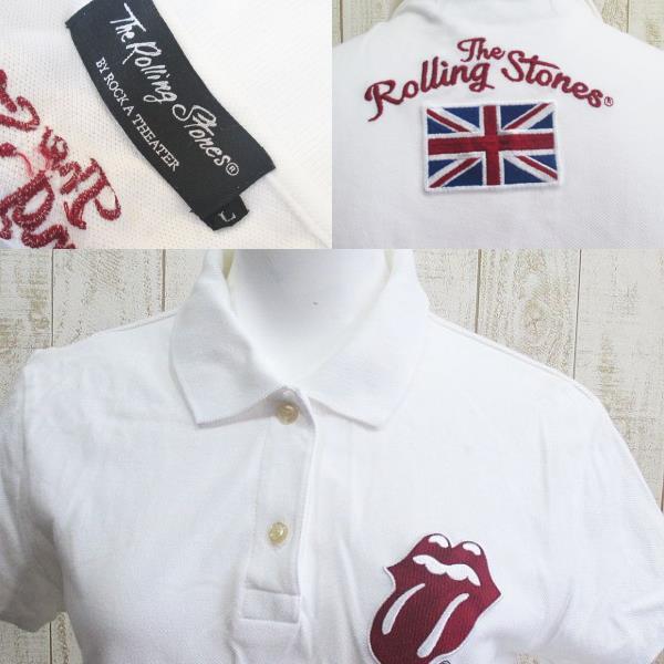 The Rolling Stones BY ROCK A THEATER ザ・ローリング・ストーンズ ポロシャツ 半袖 刺繍 L ホワイト 白 レディース 【ベクトル 古着】_画像3