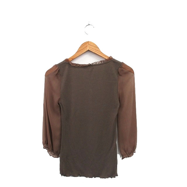  Rope ROPE shirt blouse 7 minute sleeve see-through sleeve frill M Brown tea /KT33 lady's 