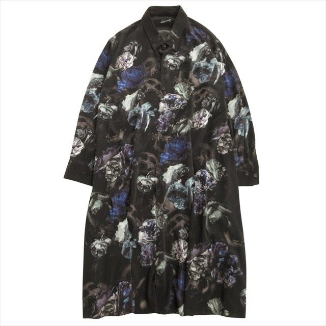 美品 20aw ラッドミュージシャン LAD MUSICIAN デシン フラワー スカル ロング シャツ FLOWER SKULL LONG SHIRT 42 黒 ブラック メンズ