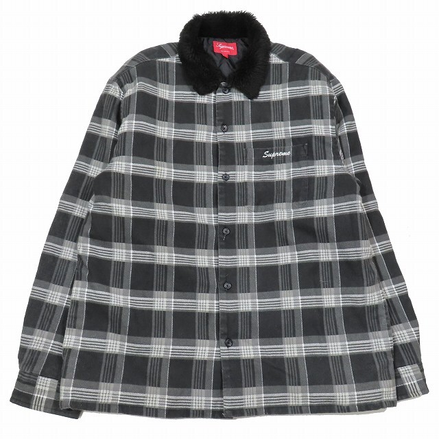 21AW シュプリーム SUPREME Faux Fur Collar Flannel Shirt チェック 衿ボア シャツジャケット ブルゾン L 黒 ブラック/6 メンズ