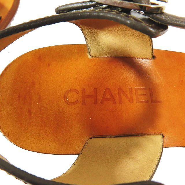 シャネル CHANEL アンクルストラップ チェーン サンダル ココマーク ウッド 靴 ブラウン 38.5 レディース YBA2_画像5