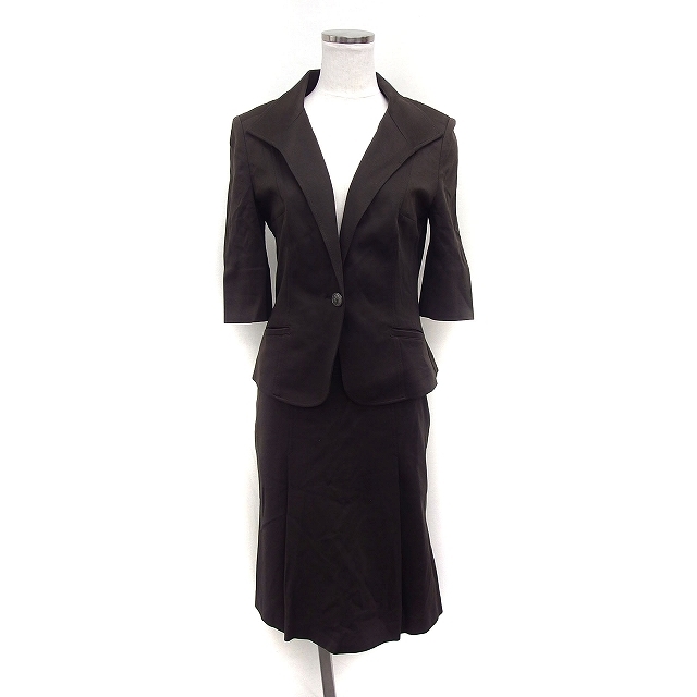  Indivi INDIVI setup skirt suit jacket . minute sleeve flair skirt knee height plain cotton 38 Brown tea /FT10 lady's 