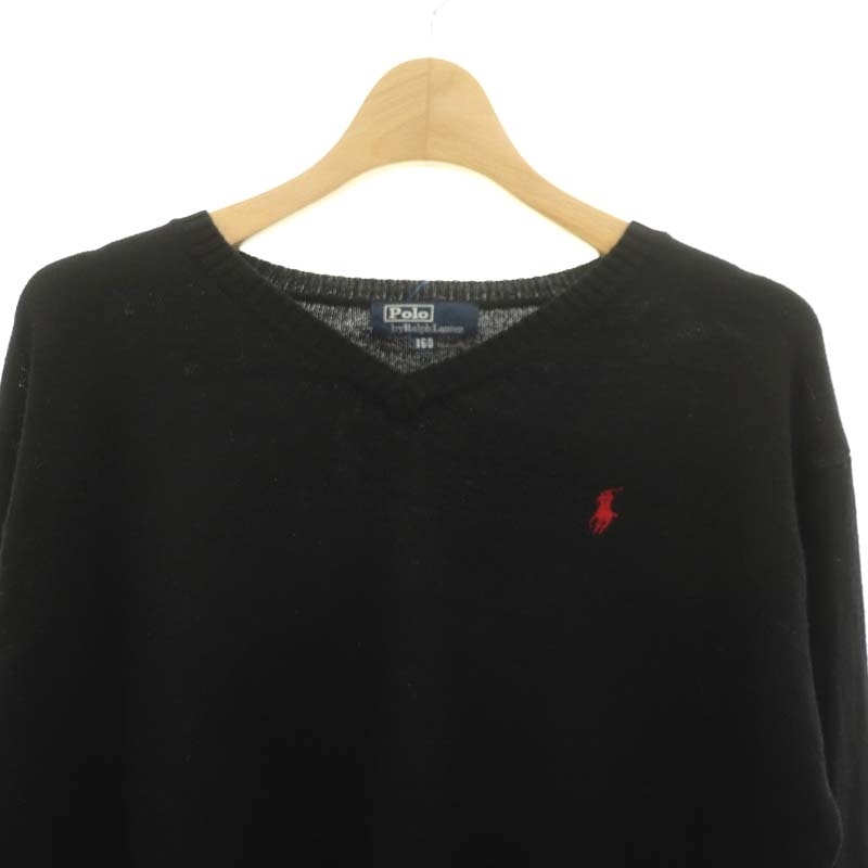  Polo Ralph Lauren POLO RALPH LAUREN V neck knitted sweater long sleeve Logo embroidery wool 160 black black /NR #OS Kids 