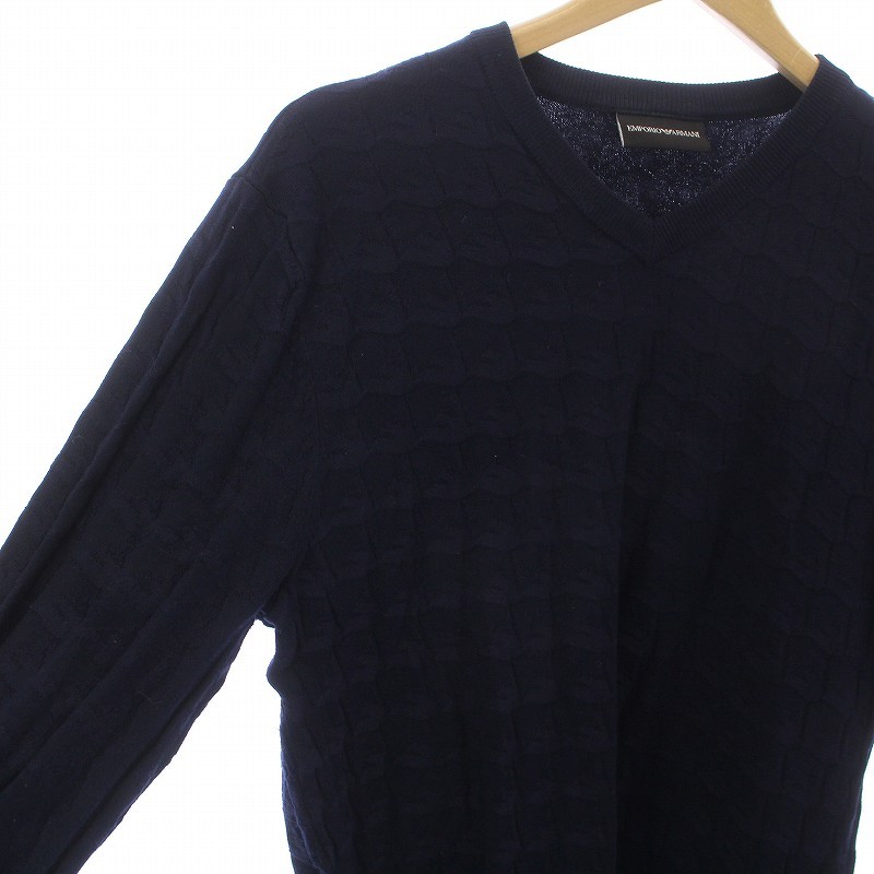  Emporio Armani EMPORIO ARMANI knitted thin cut and sewn long sleeve V neck pull over total pattern M navy blue navy /KW #GY19 men's 