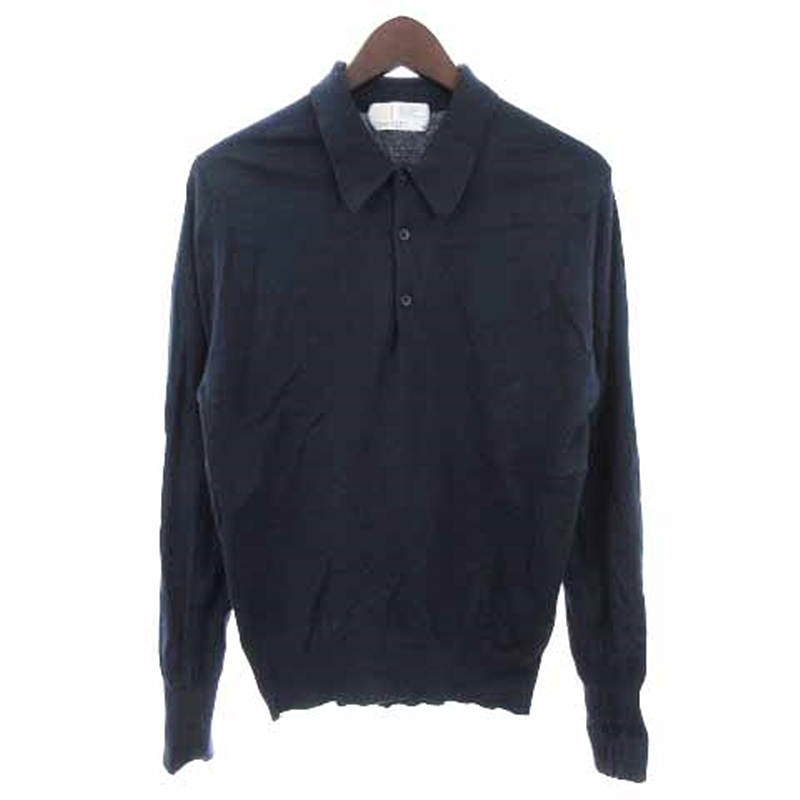 ジョンスメドレー JOHN SMEDLEY Sea Island cotton ポロシャツ 長袖 ニット コットン 無地 紺 ネイビー SML ■SM1 メンズ_画像1