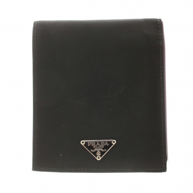 プラダ PRADA 二つ折り財布 三角プレート ナイロン レザー 黒 ブラック ■GY11 /MW メンズ
