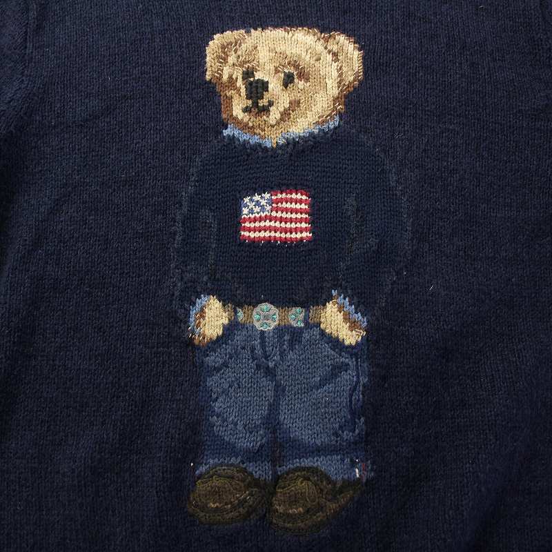 ポロ ラルフローレン POLO RALPH LAUREN ポロベア クマ ニット セーター 長袖 ロゴ 刺繍 プルオーバー 麻 リネン混 XS 紺 ネイビー_画像5