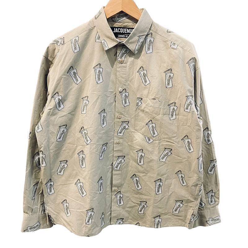 Jacquemus ジャックムス 美品 刺繍 総柄 シャツ 長袖 ジャガード オーバーサイズ 48 M ベージュ IBO49 メンズの画像1