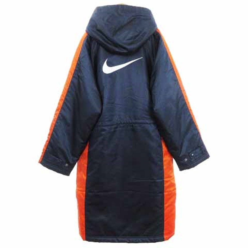 ナイキ NIKE ベンチコート ロング丈 中綿 フード ジップアップ スナップボタン 裏地ボア 紺 ネイビー オレンジ M 150cm ■SM1 キッズ_画像2