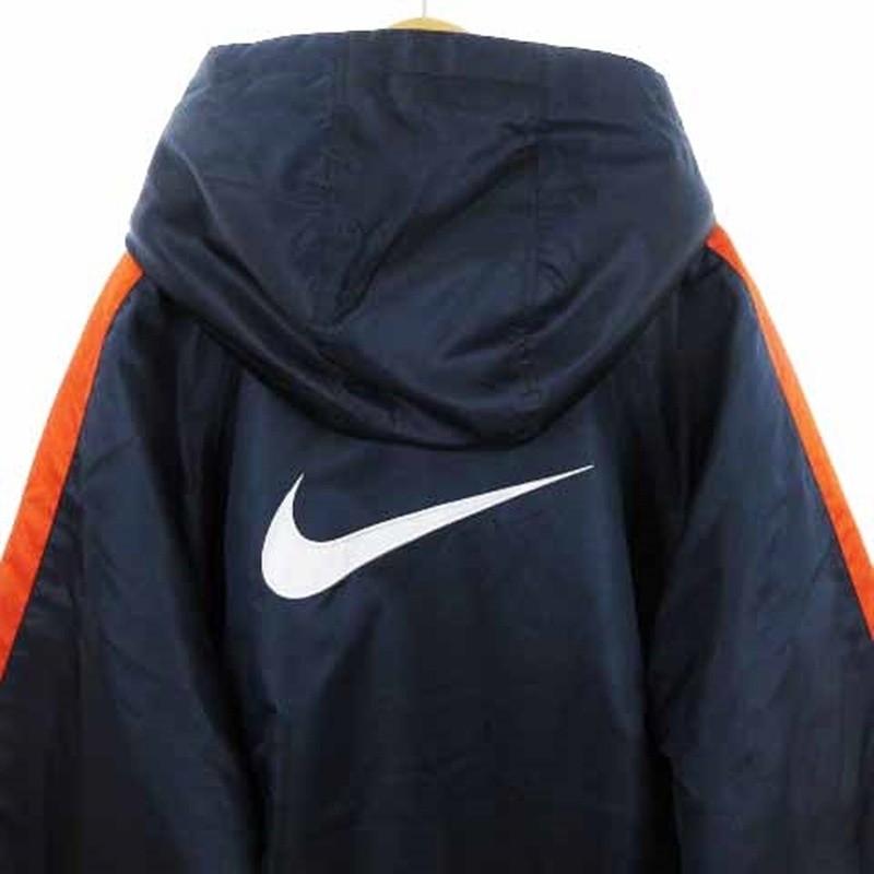 ナイキ NIKE ベンチコート ロング丈 中綿 フード ジップアップ スナップボタン 裏地ボア 紺 ネイビー オレンジ M 150cm ■SM1 キッズ_画像4