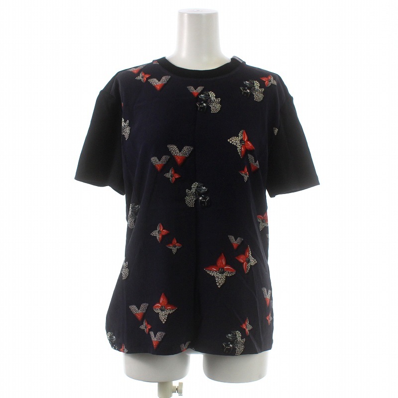 ルイヴィトン LOUIS VUITTON 21SS Tシャツ カットソー 半袖 モノグラム ビジュー プリント 総柄 シルク 切替 M 黒 ブラック 紺 ネイビー /A_画像1