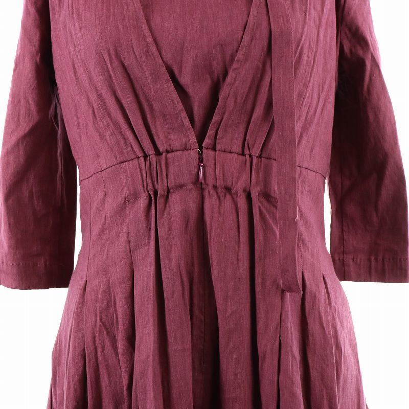フレイアイディー 2019年製 タックロングワンピース ギャザースカート 七分袖 キャミソール インナー付き リネン 0 XS ピンク 紫_画像5