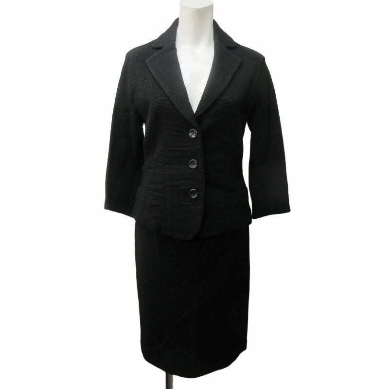 ダーマコレクション dama collection 美品 セットアップ スカートスーツ リブニット コットン ジャケット 7分袖 ひざ丈 黒 9AR 64-91_画像1