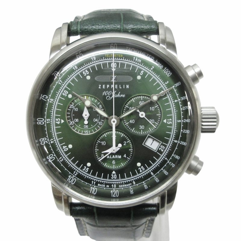 ツェッペリン ZEPPELIN 美品 100周年モデル 日本限定 クロノグラフ 腕時計 8060-4 グリーン文字盤 レザーベルト 替えベルト付_画像1