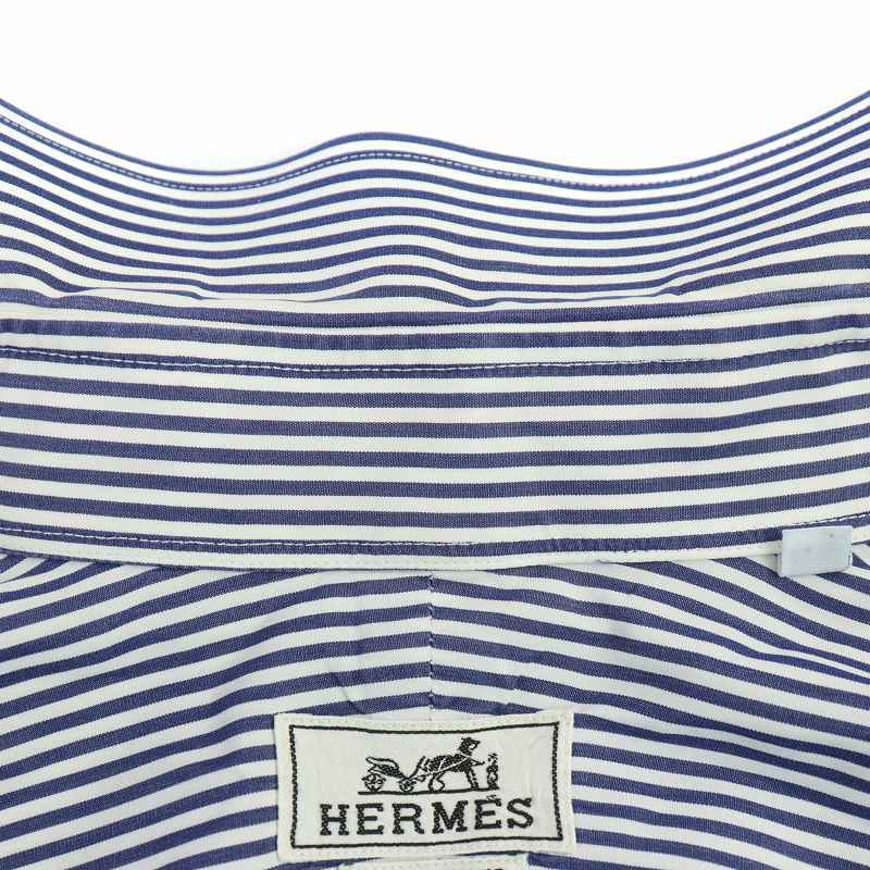 エルメス HERMES シャツ カジュアルシャツ 長袖 ストライプ コットン 43/17 XL 青 ブルー 白 ホワイト /KU_画像8