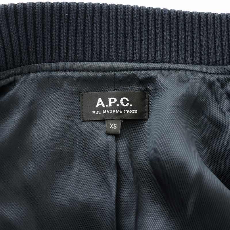 アーペーセー A.P.C. スタジャン スタジアムジャンパー ブルゾン アームレザー 袖レザー切替 牛革 カウレザー XS 紺 ネイビー 黒_画像3