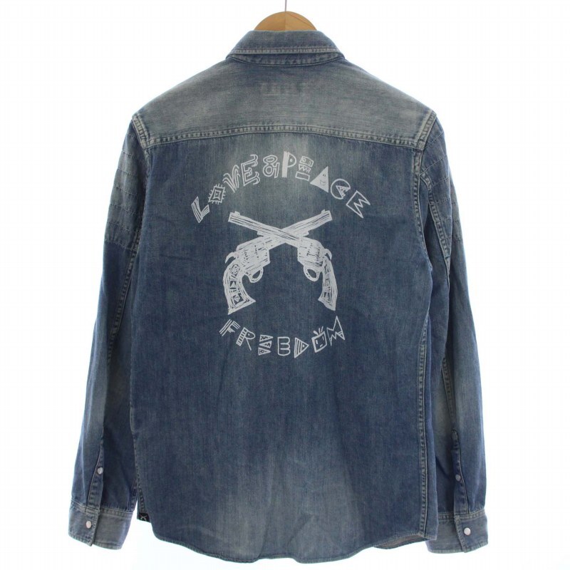 ロアー roar DISKAH 別注 GRAFFITI PRINT DENIM SHIRT グラフィックプリント デニムシャツ 長袖 二丁拳銃 3 L インディゴ メンズ_画像2