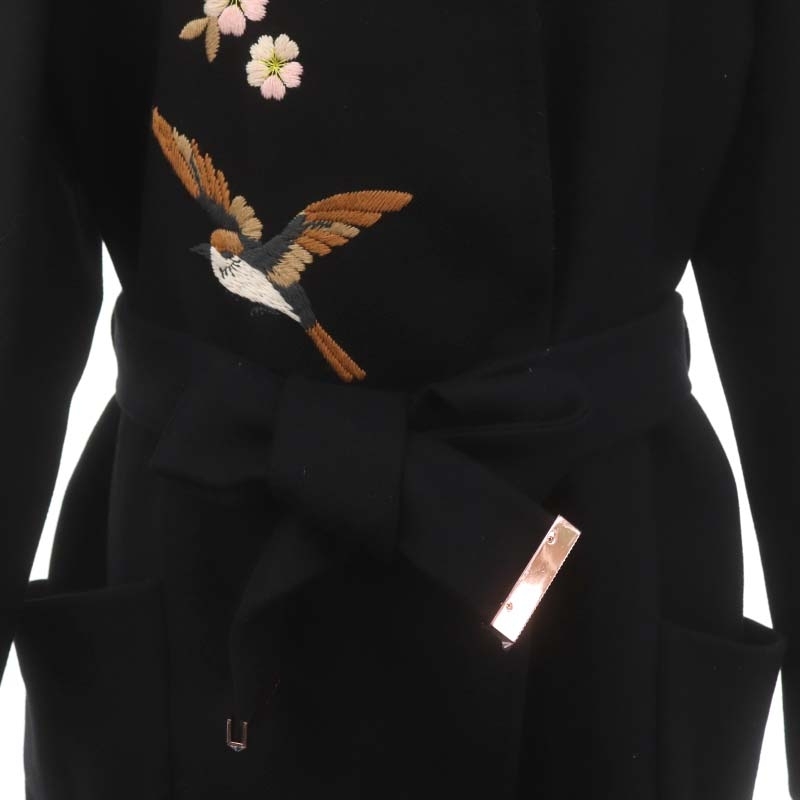 テッドベーカー TED BAKER 刺繍 ロングコート ノーカラー アウター ウール ベルト付き 2 黒 マルチカラー ブラック /MI ■OS レディース_画像6