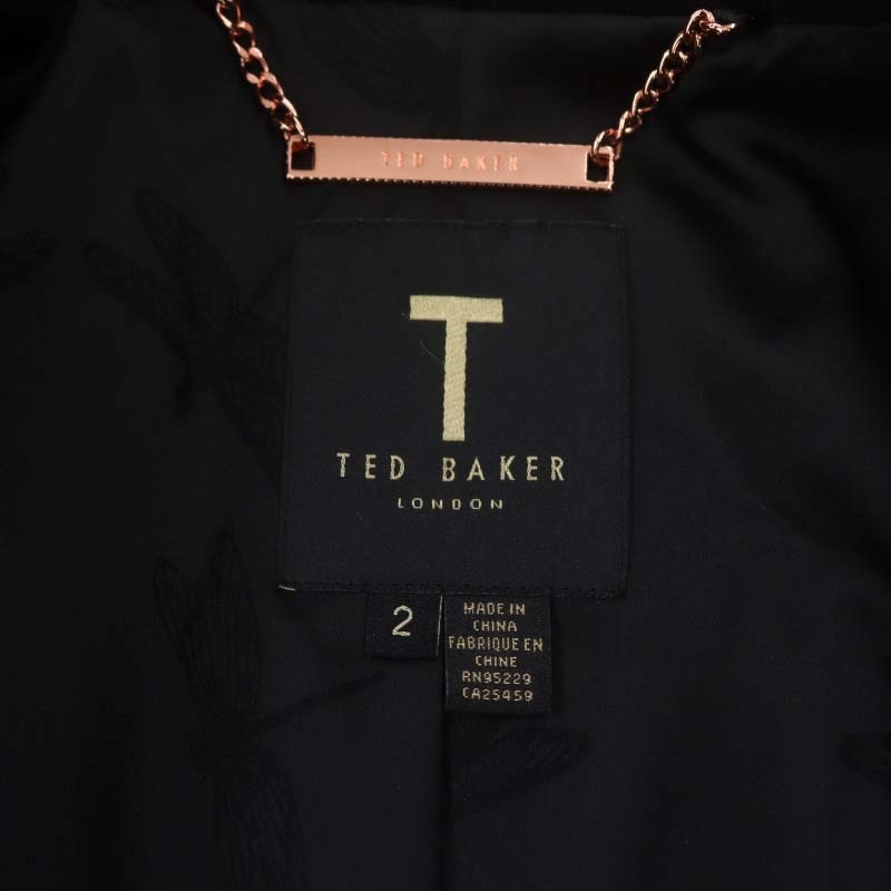 テッドベーカー TED BAKER 刺繍 ロングコート ノーカラー アウター ウール ベルト付き 2 黒 マルチカラー ブラック /MI ■OS レディース_画像3