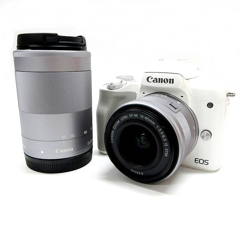 キャノン CANON EOS Kiss M ミラーレス一眼 カメラ ダブルズームキット EF-M15ー45 IS STM EF-M55ー200 IS STM Kit ホワイト