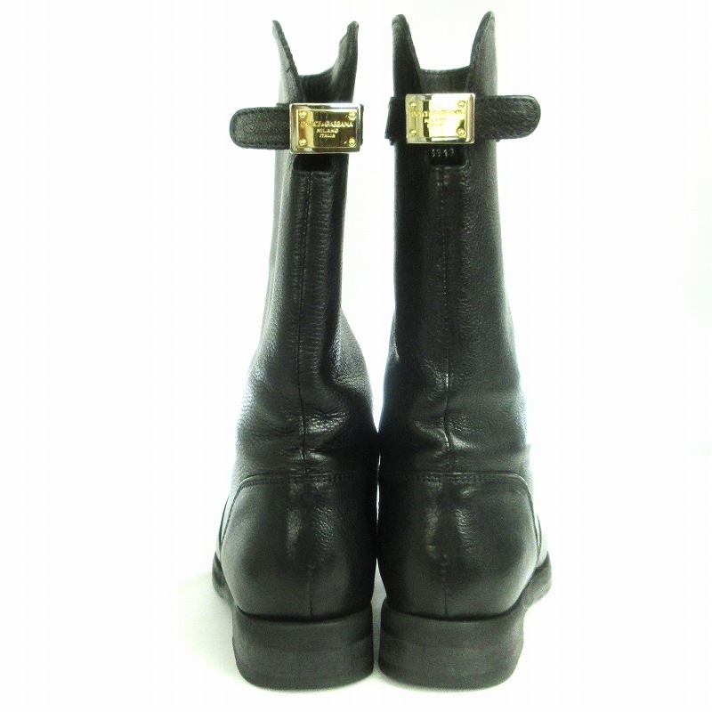  Dolce & Gabbana Dolce&Gabbana DOLCE&GABBANA boots long Logo plate round tu leather black 38 25cm rank shoes #SM1 lady's 