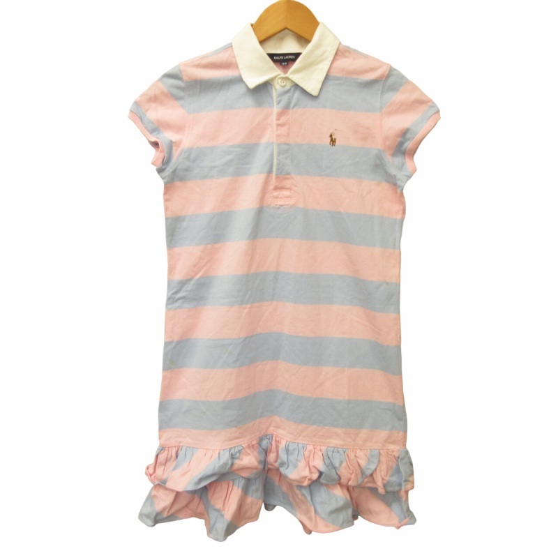  Ralph Lauren RALPH LAUREN One-piece polo-shirt short sleeves frill po knee Logo border Kids pink series blue group girl 150cm 0311 IBO48
