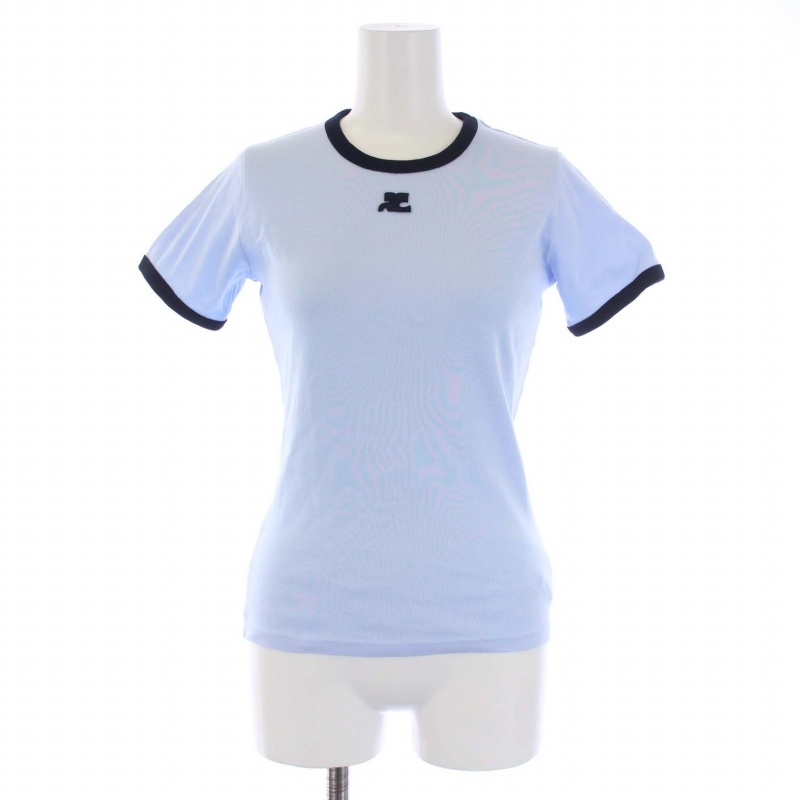 未使用品 クレージュ courreges Tシャツ カットソー 半袖 クルーネック ロゴ S 水色 紺 ネイビー /BM レディース_画像1