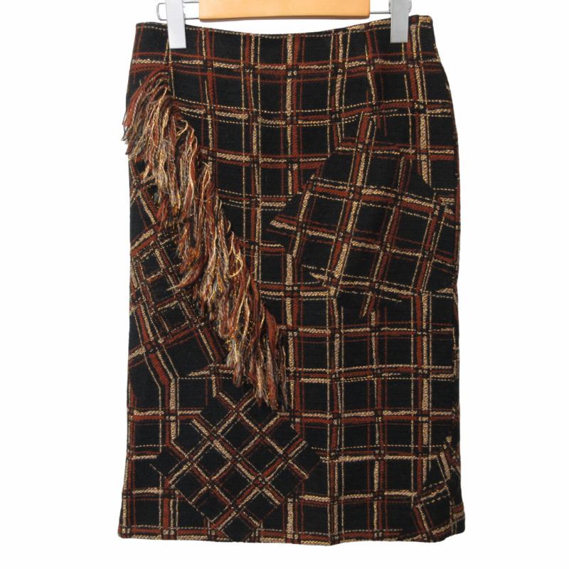 ダーマコレクション dama collection 近年モデル フリンジスカート 台形 幾何学模様 ゴールドライン ウール混 ブラック 黒 約S IBO48_画像1