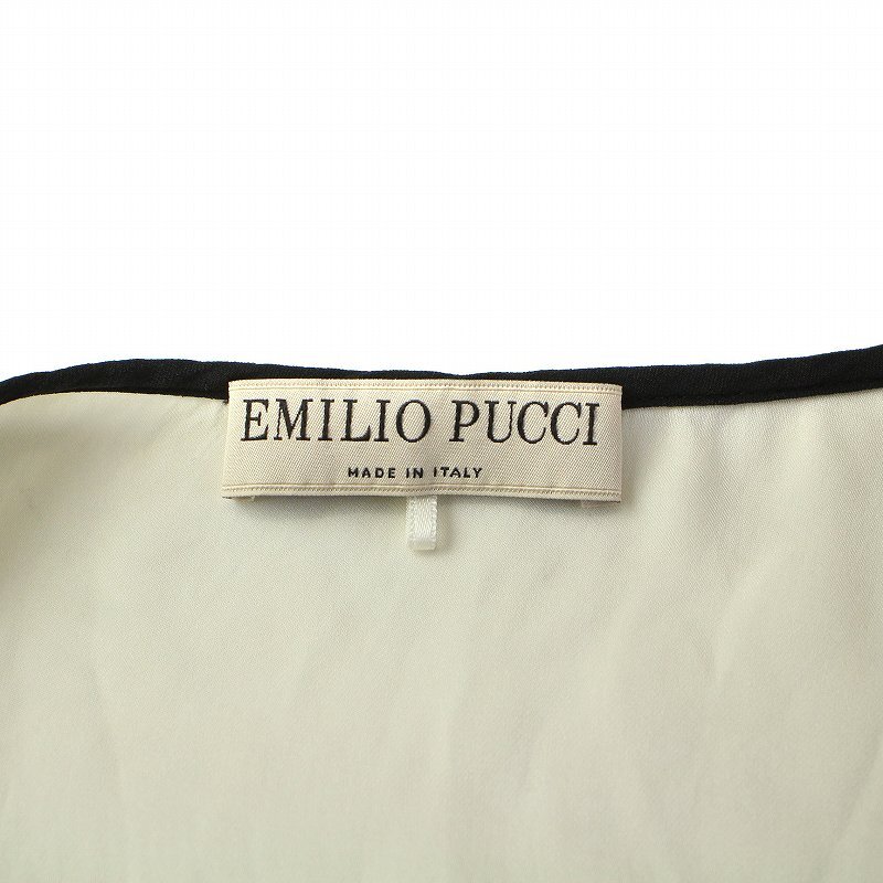 エミリオプッチ EMILIO PUCCI シアー シャツ ブラウス 長袖 オープンネック リボン 袖フリル 絹 シルク シフォン 40 S アイボリー_画像4