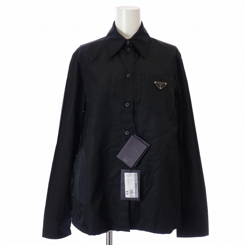 未使用品 プラダ PRADA 22AW Poplin And Re-nylon Shirt シャツ 長袖 ナイロン ロゴ 三角プレート タグ付き 38 M 黒 ブラック_画像1