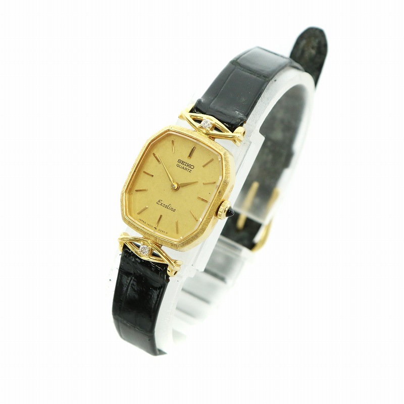 セイコー SEIKO エクセリーヌ 腕時計 ウォッチ クォーツ 14K ダイヤ レザーベルト ゴールド色 黒 ブラック 1400-8000 ■GY18 /MQ_画像2