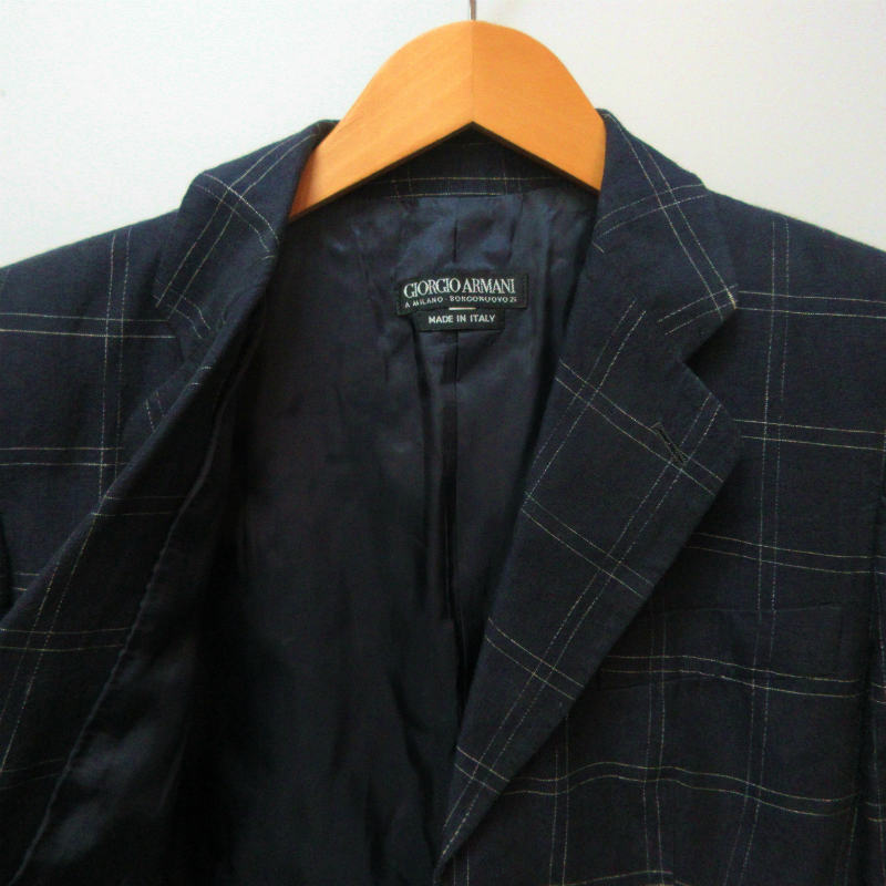 ジョルジオアルマーニ GIORGIO ARMANI テーラードジャケット ブレザー リネン チェック柄 イタリア製 紺 ネイビー 42 Lサイズ 0321 IBO48の画像6