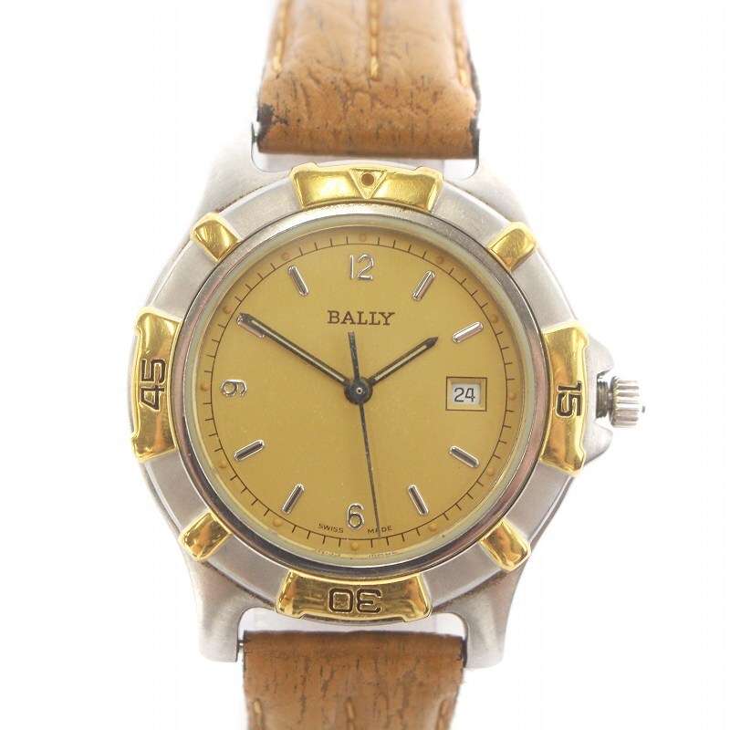  Bally BALLY wristwatch watch quartz Date calendar attaching leather belt Logo? face tea Brown silver color 111948 lady's 