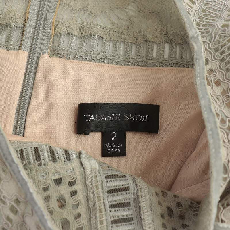 タダシショージ TADASHI SHOJI 総レースワンピース ドレス Uネック ひざ丈 スカラップ 半袖 リボン 2 M グレー ベージュ /SI35_画像8