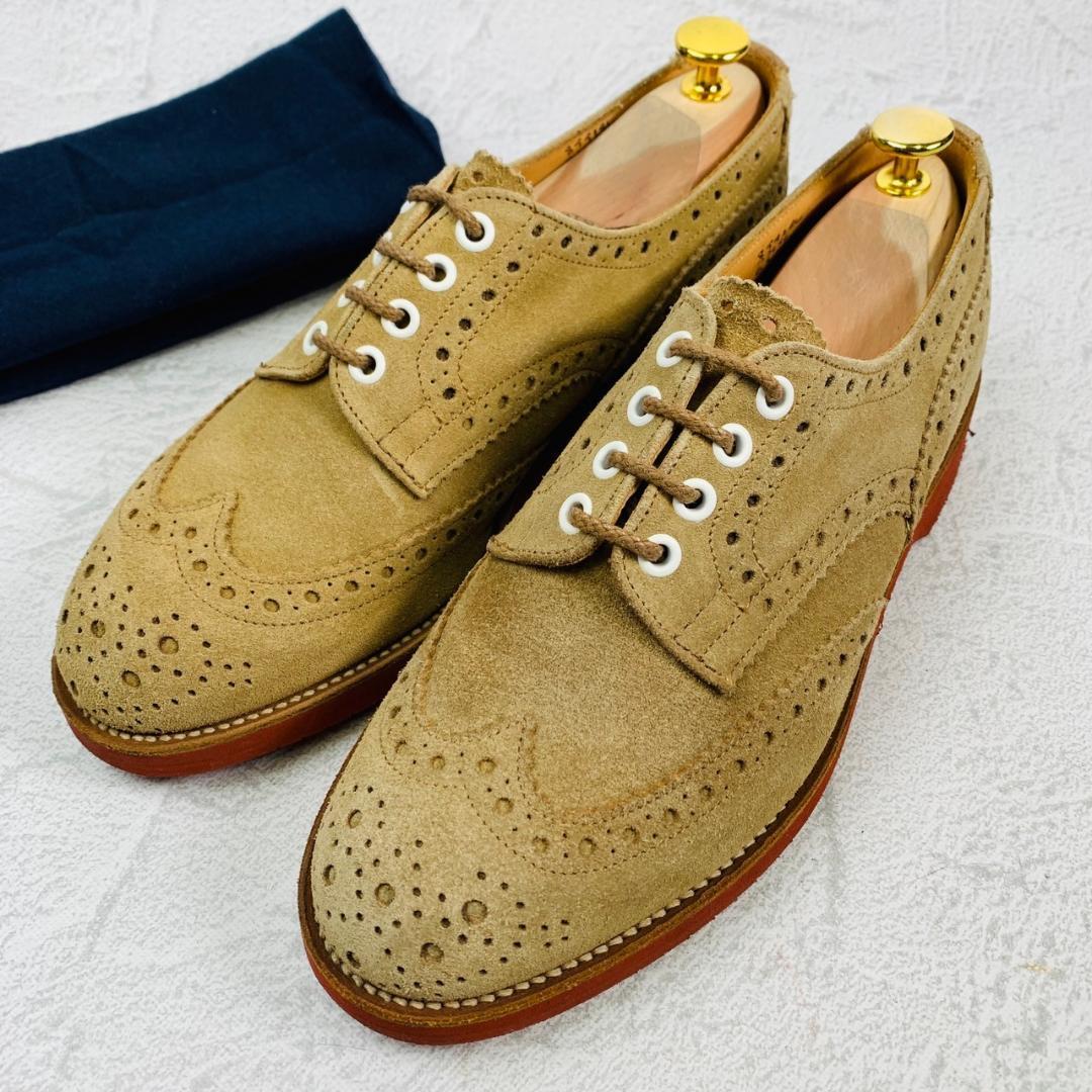 【快適】トリッカーズ Tricker's バートン スポンジソール クッション性 ベージュ 茶色 スエード 6-5 24.5cm メダリオン 外羽根 ジャケパン_画像1