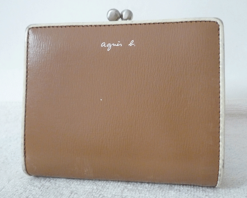 アニエスベー　agnes b.　レザー　ブラウン　ホワイト　がま口　二つ折り　財(cái)布　ウォレット　レディース