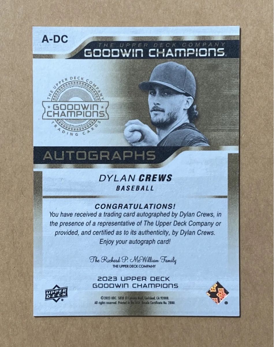 2023 UD Goodwin Champions #A-DC Dylan Crews Rookie RC Auto ドラフト1位