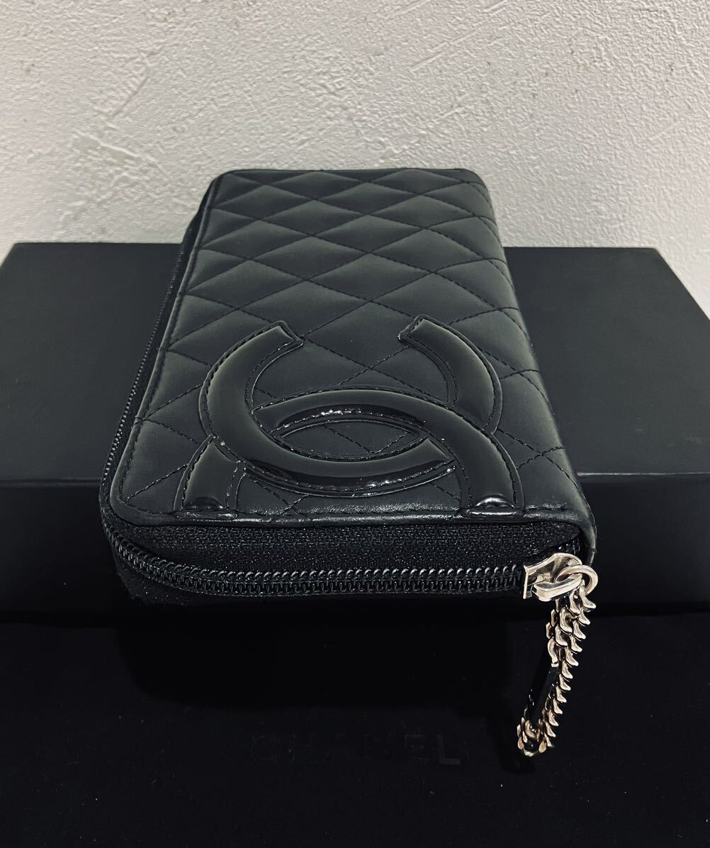 CHANEL 極上美品 カンボンライン レザー 長財布 ブラック×ブラック マトラッセ ラウンドファスナー ジッピーウォレット_画像7