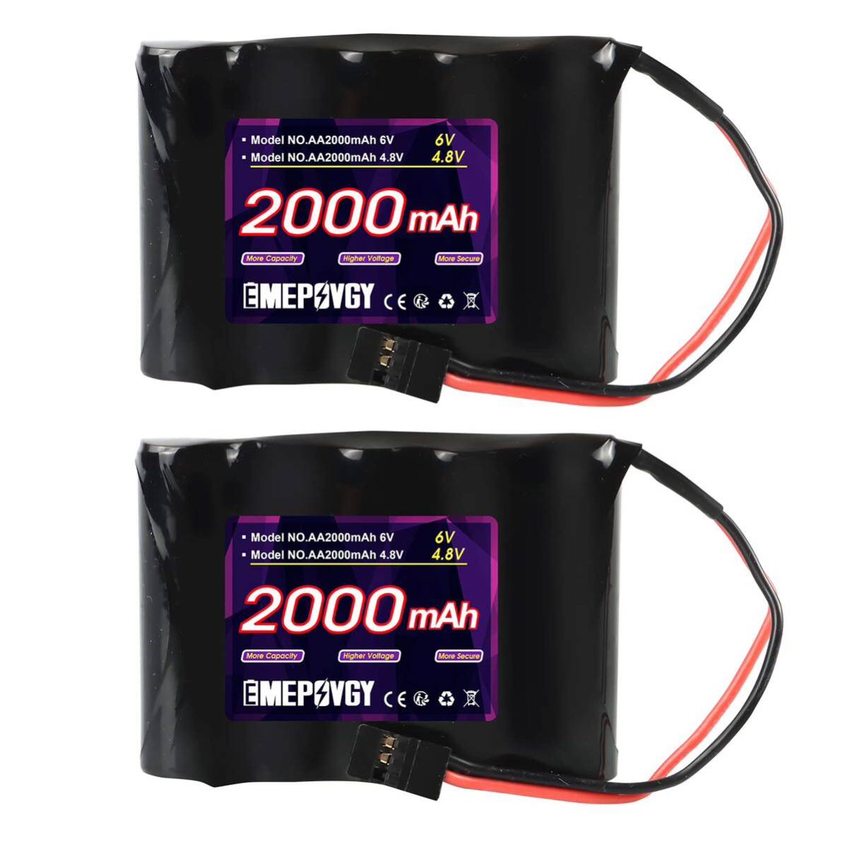 EMEPOVGY 6V ニッケル水素 バッテリー 2000mAh Ni-MH 平型 充電式 Hitec / BBL2 プラグ付き RCレシーバー 受信機用 2本セット_画像1