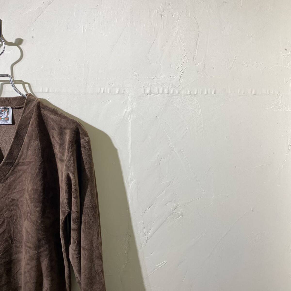 vintage brown velours top USA made America old clothes Vintage long sleeve plain velour top bell bed V neck 70s 80s