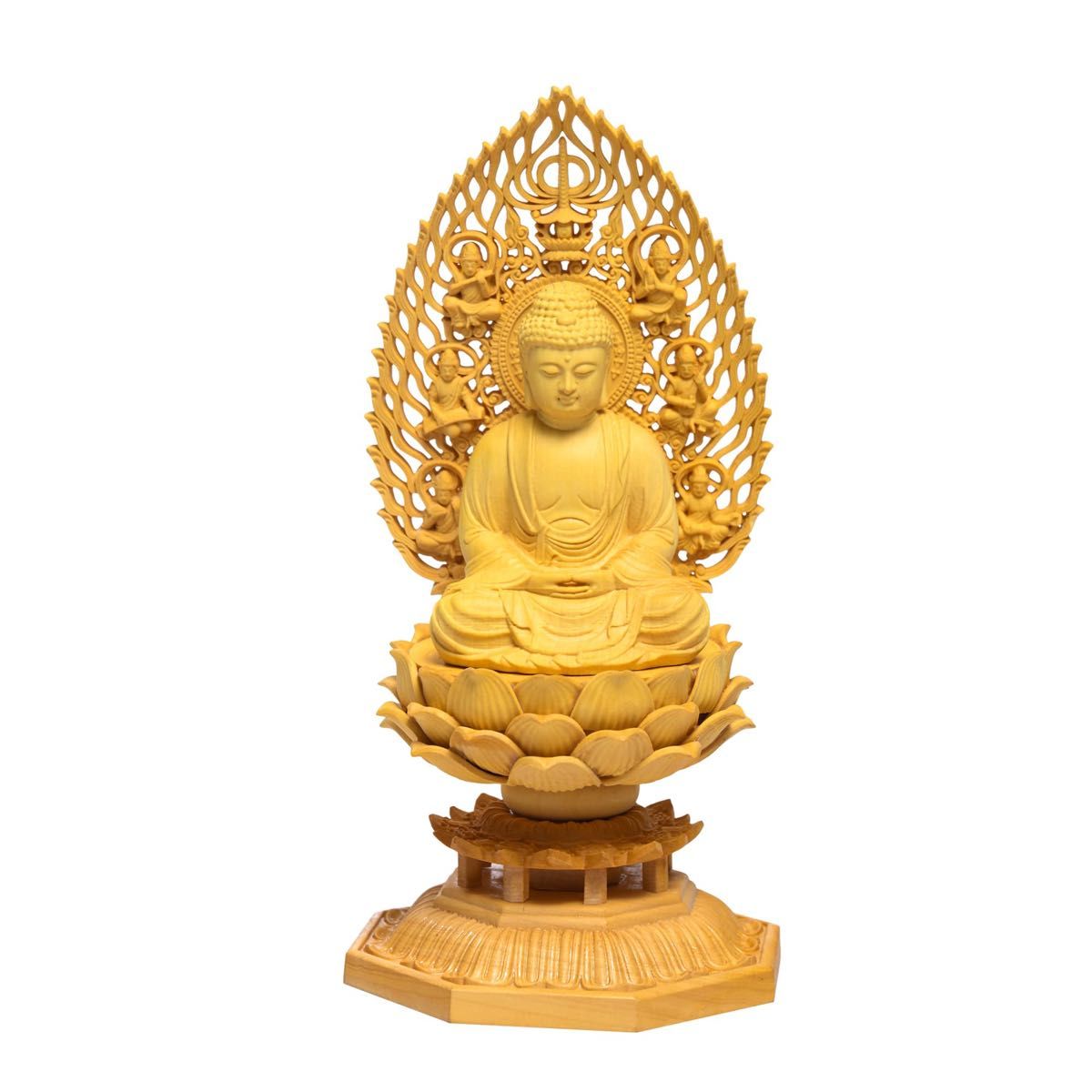 仏像 木彫り 置物 釈迦如来   厄除け 柘植の木 飛天光背 八角台座　仏像 精密彫刻 工芸品 木彫仏教
