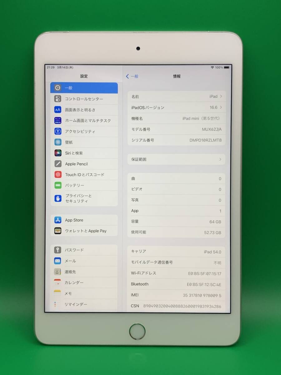 ★やや美品 iPad mini 第5世代 Wi-Fi+Cellular 64GB SIMフリー 最大容量92% 格安SIM可 KDDI ○ MUX62J/A シルバー 中古 BP2195 3