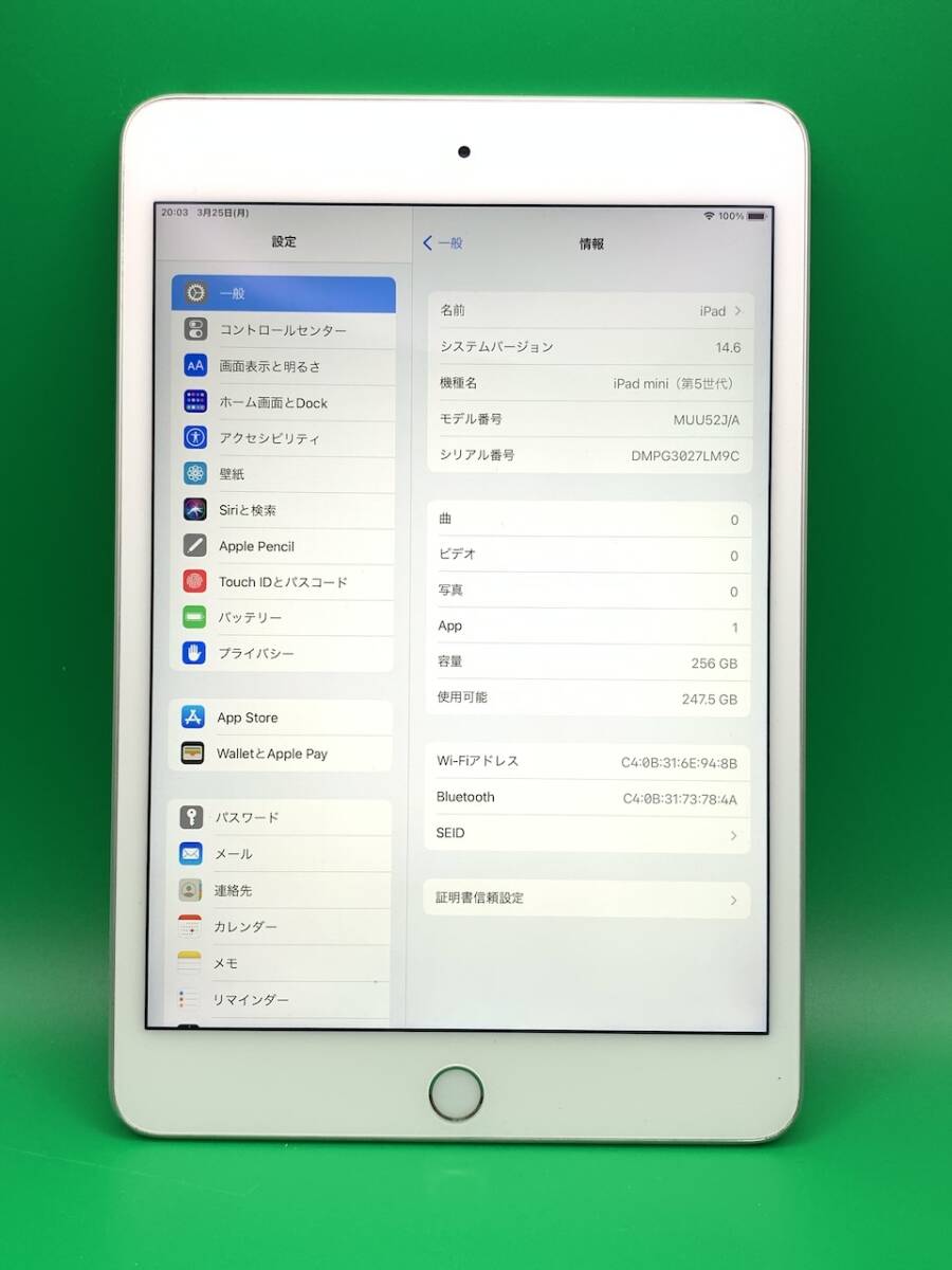 ★激安 iPad mini 第5世代 Wi-Fi 256GB 最大容量94% MUU52J/A シルバー 中古 新古品 WD0962 1_画像1