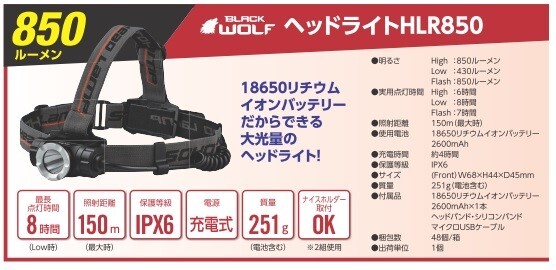 ヘルメットライト BLACK WOLFヘッドライトHLR850 18650リチウムイオンバッテリーの画像4