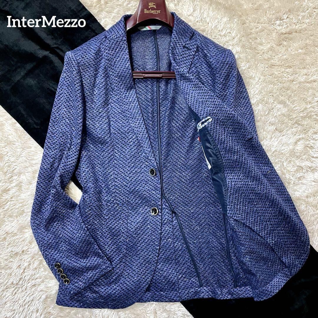 【InterMezzo/インターメッツォ/極美品】テーラードジャケット【光沢/メッシュ/リネン/イタリアブランド/アンコン/ブルー/ネイビー/春夏