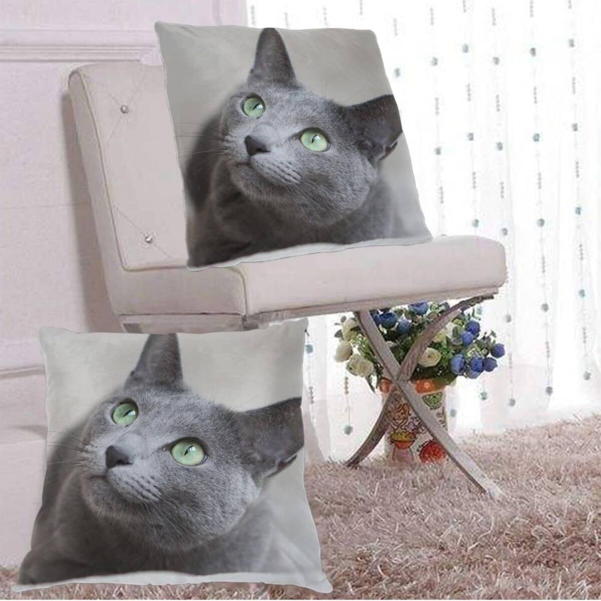 2枚セット ロシアンブルーのクッションカバー 猫 かわいい オシャレ インスタ映え リネン 静電気防止 隠しジッパー おうちで洗濯可の画像2