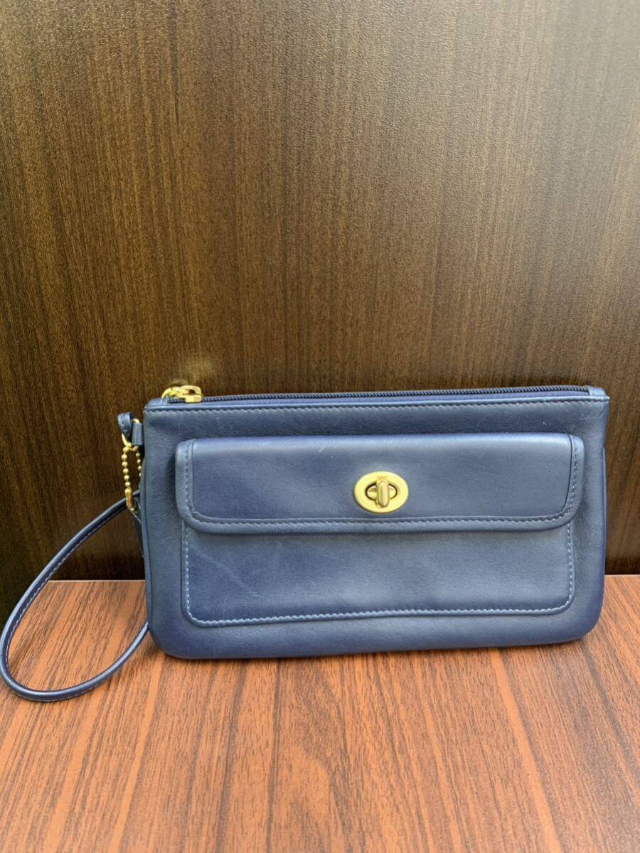 COACH オールドコーチ　ターンロック　アクセサリーポーチ　ネイビー　レザー_画像1